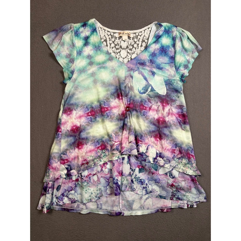 World Unity Top Women Medium Multi Tie Dye Floral Lace Back Tiered Boho Blouse